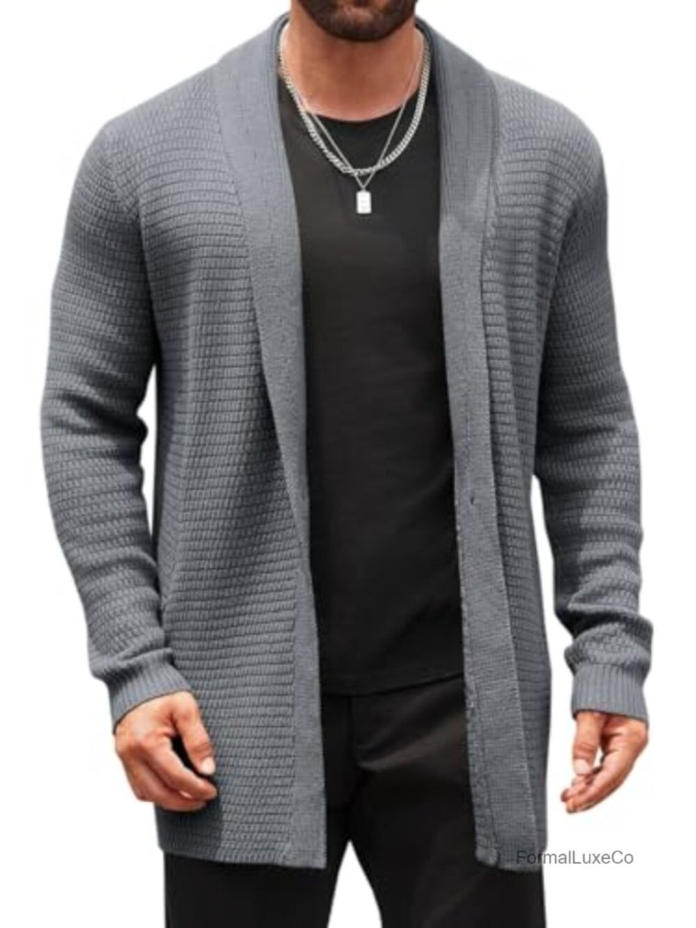Mens Cable Knit Cardigan Sweater Shawl Collar Open Front Long Sleeve Chunky